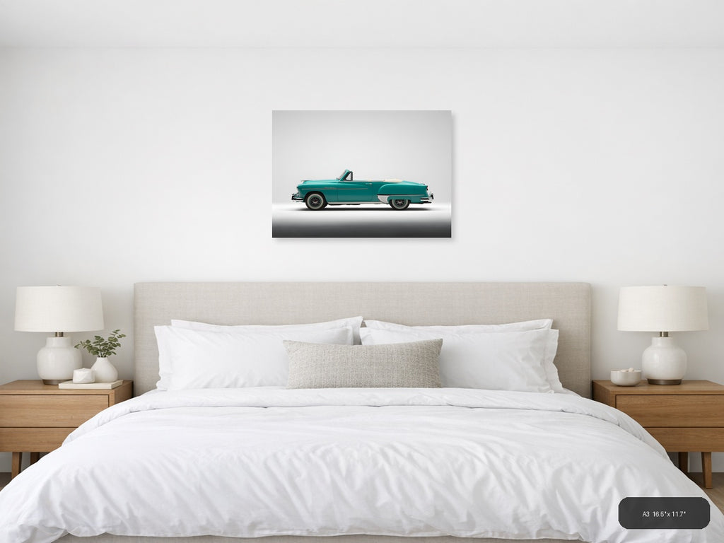 Turquoise Classic Convertible Car Minimalist Wall Art — A3 / Bedroom