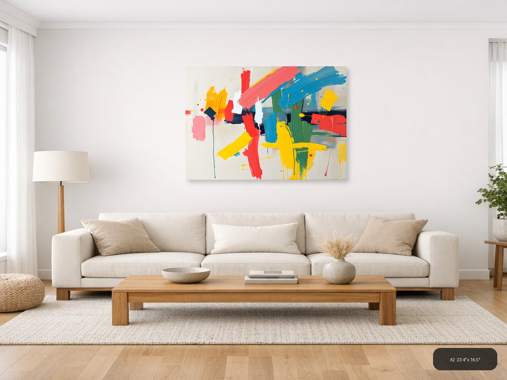 Colorful Abstract Brushstrokes & Geometric Shapes Wall Art — A2 / Living Room