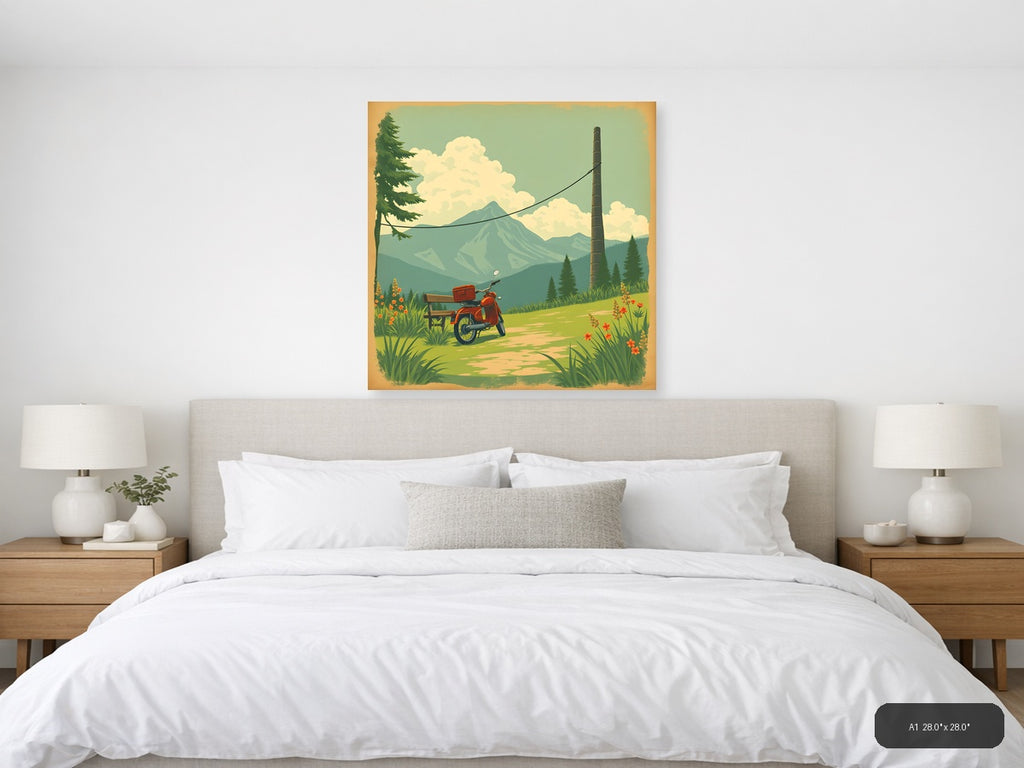 Vintage Red Scooter Mountain Landscape Wall Art — A1 / Bedroom