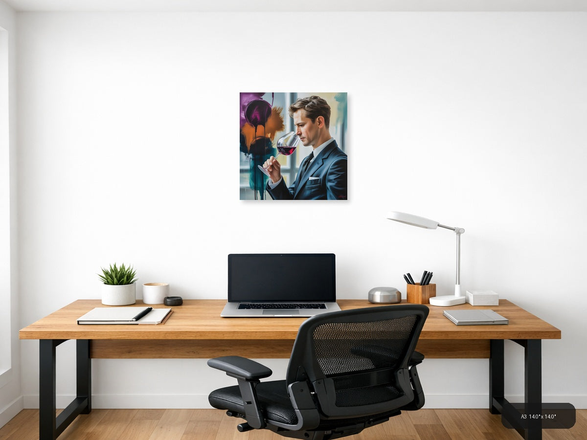Abstract Wine Tasting Man in Blue Suit Wall Art — A3 / Office