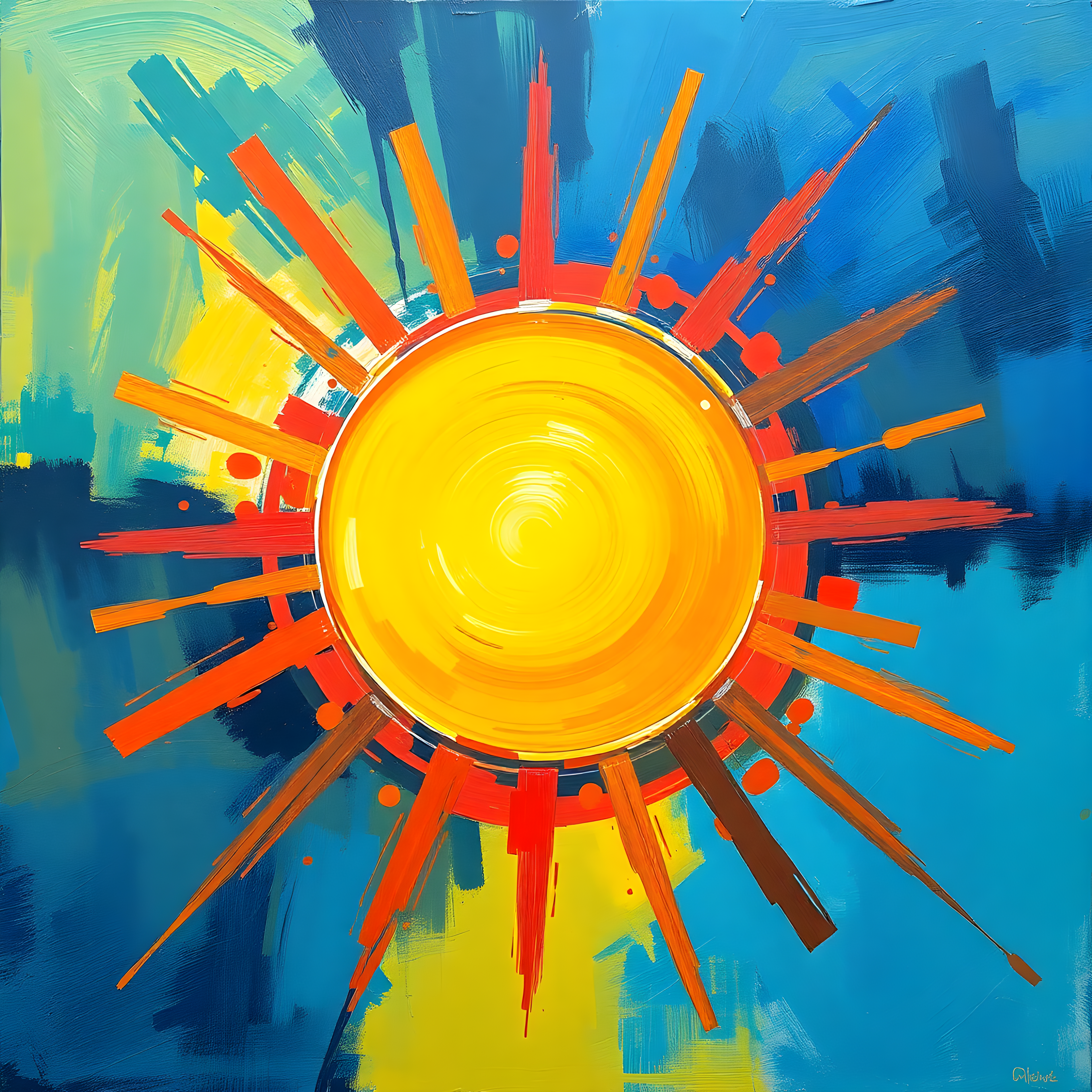 Abstract Sun Burst Modern Art | Vibrant Yellow Blue Wall Art
