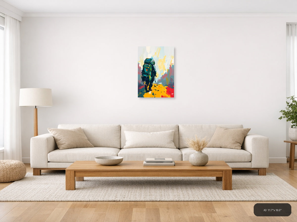 Abstract Hiker with Green Backpack Portrait Wall Art — A3 / Living Room