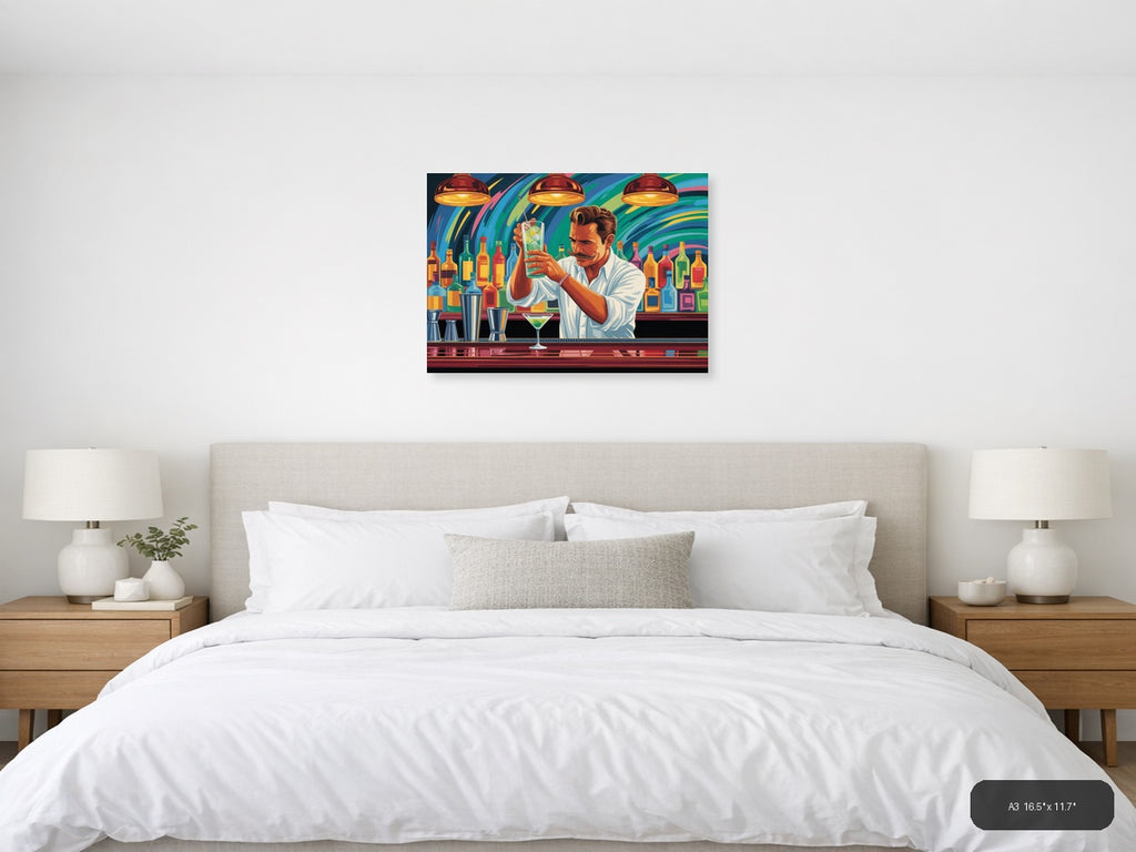 Vibrant Bartender Portrait Abstract Colorful Wall Art — A3 / Bedroom