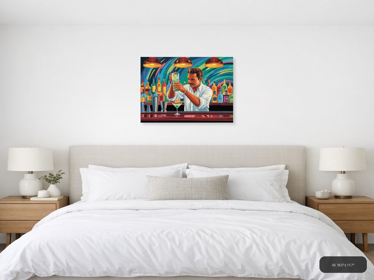 Vibrant Bartender Portrait Abstract Colorful Wall Art — A3 / Bedroom