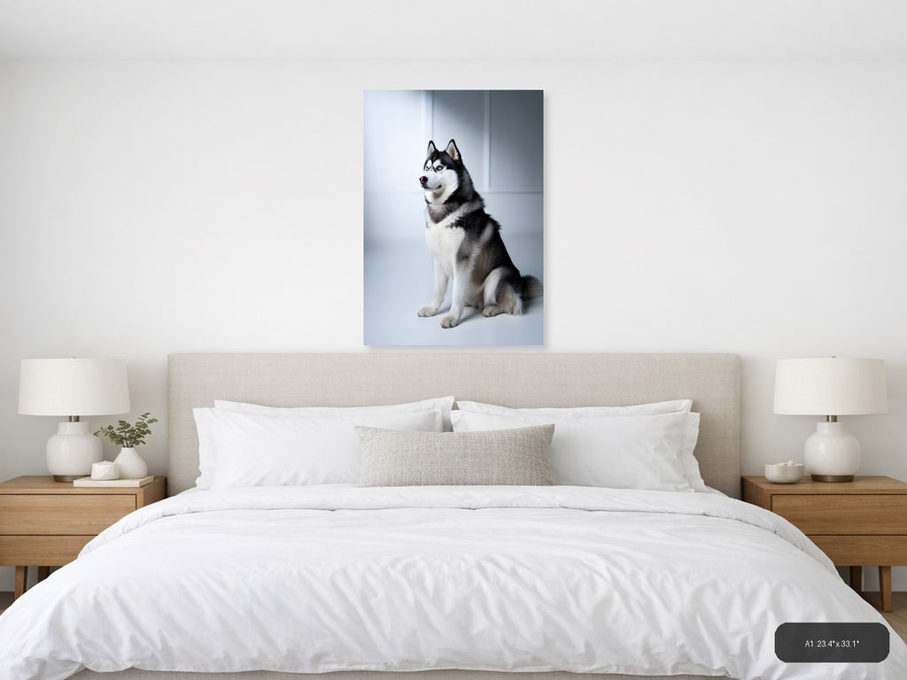 Black and White Husky Portrait Minimalist Wall Art — A1 / Bedroom