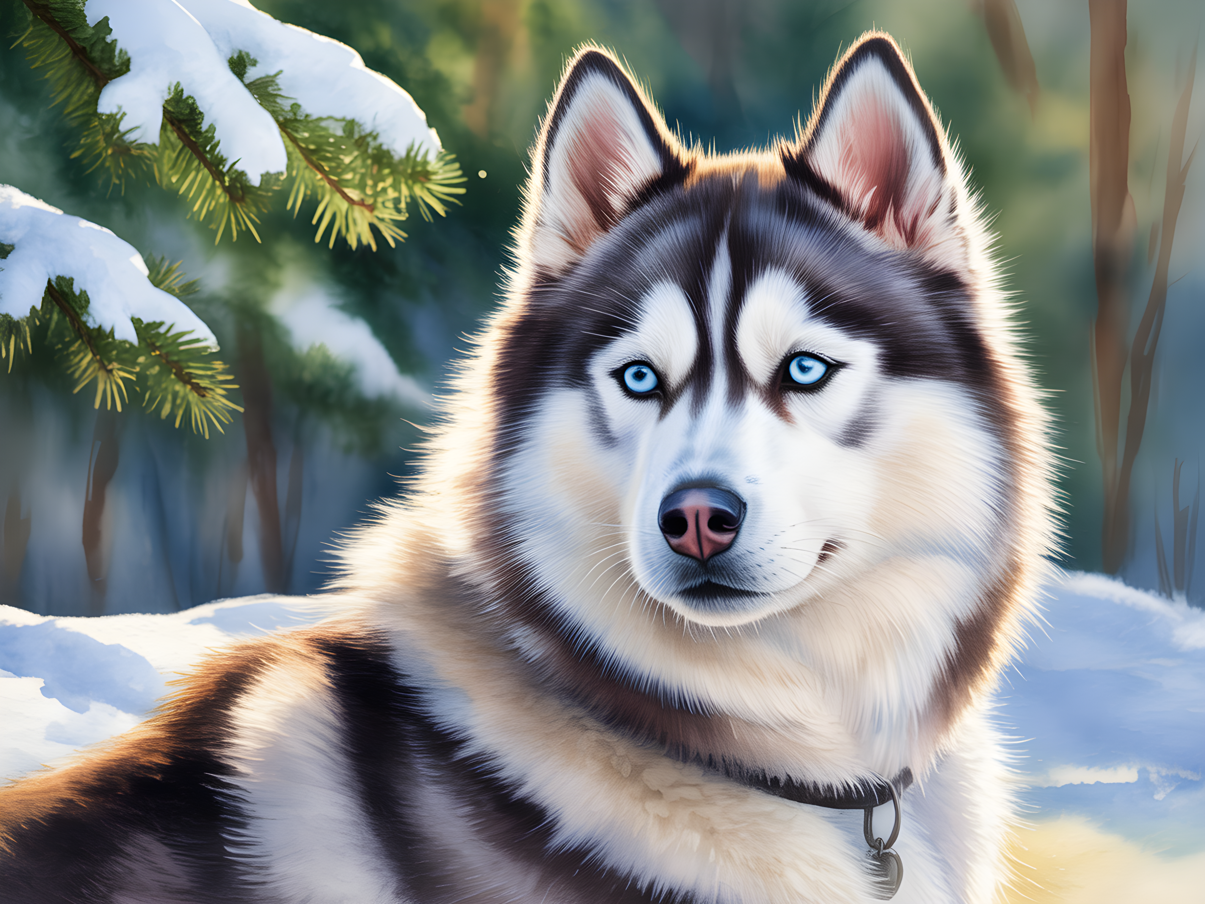 Siberian Husky Blue Eyes Winter Forest Watercolor Wall Art