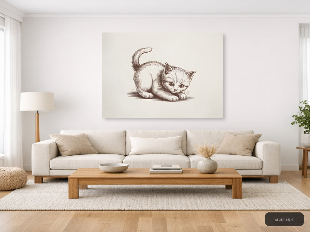 Playful Kitten Line Art Drawing Wall Art — A1 / Living Room