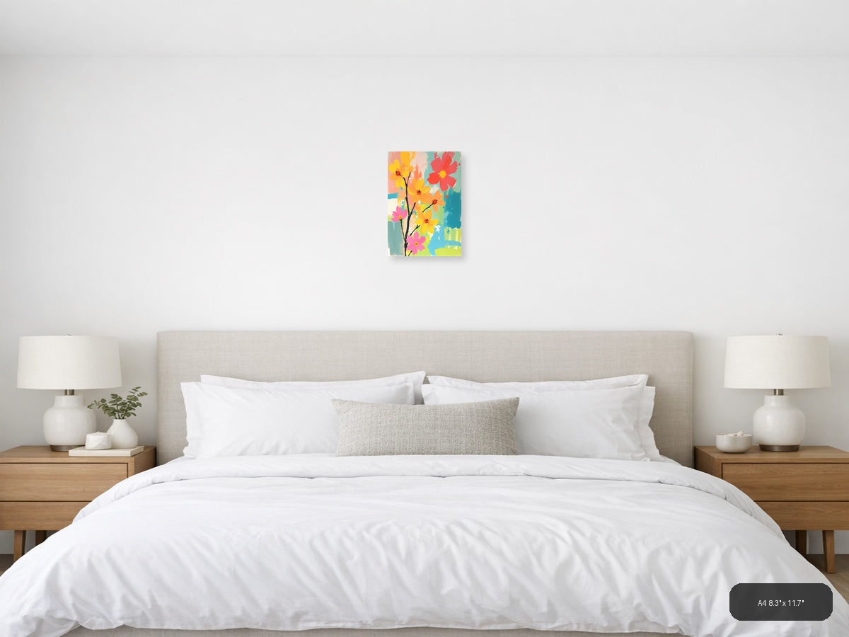 Colorful Abstract Flowers on Branch Portrait Wall Art — A4 / Bedroom