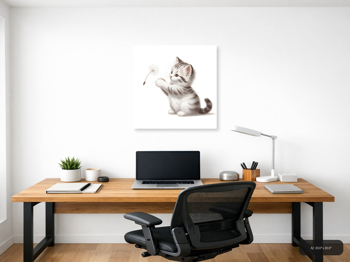 Cute Kitten with Dandelion Minimalist Wall Art — A2 / Office