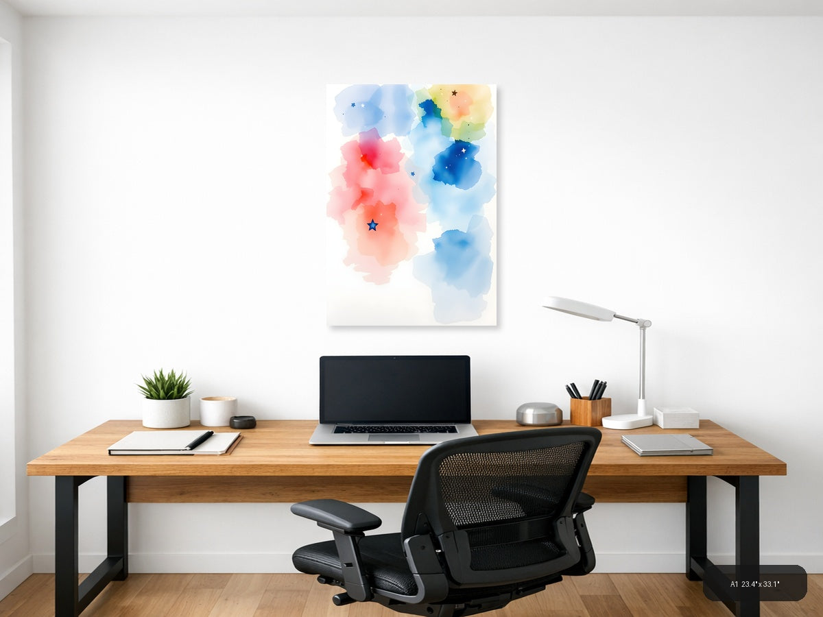 Abstract Watercolor Map with Stars Wall Art — A1 / Office