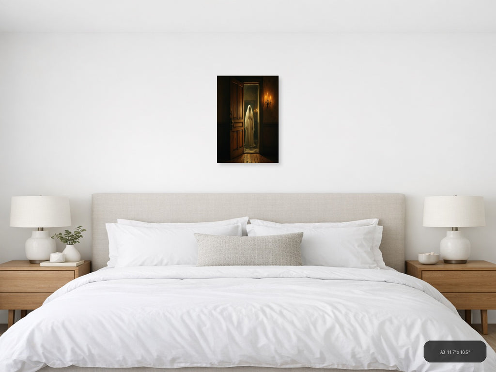 Ghostly Figure in Candlelit Hallway Vintage Wall Art — A3 / Bedroom