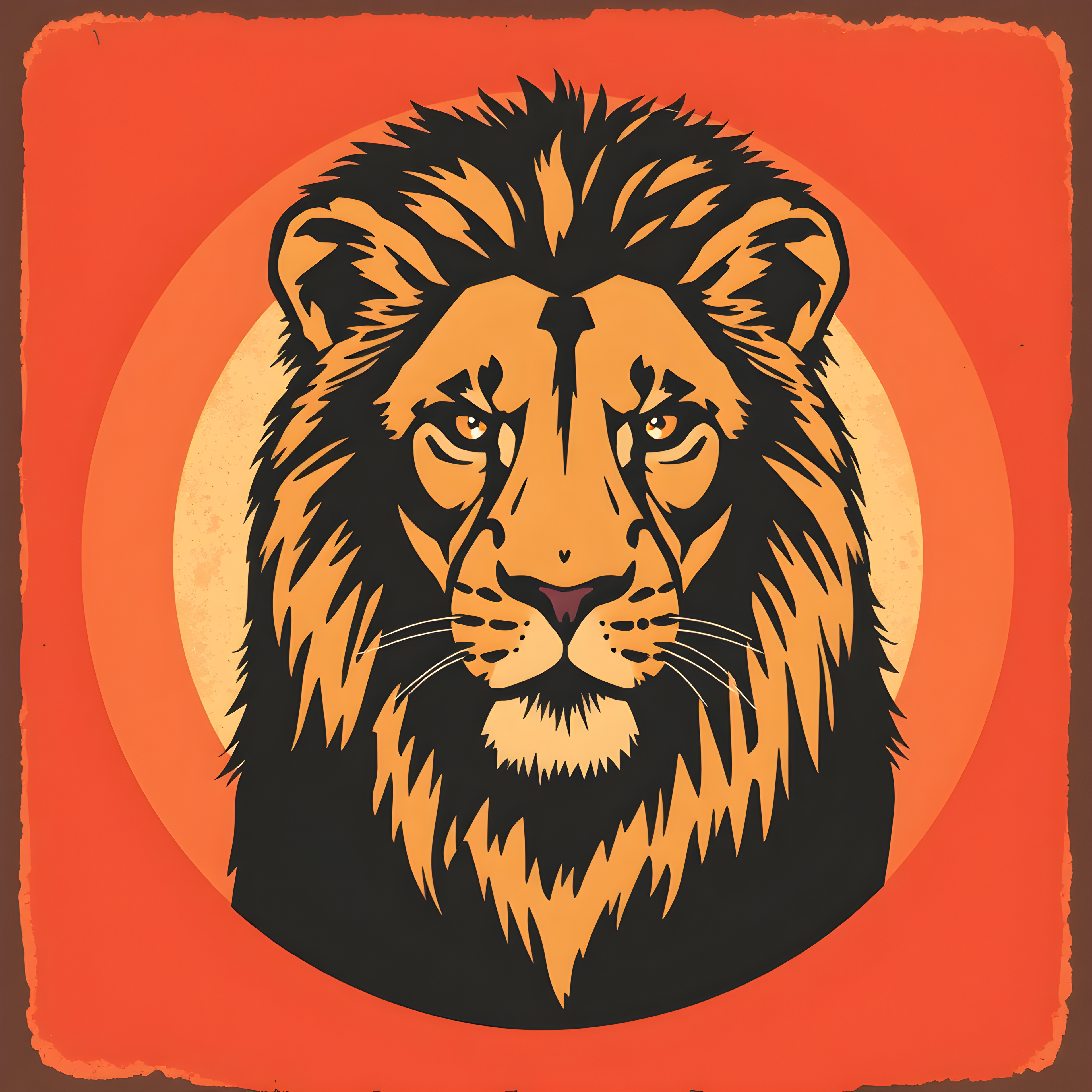 Vintage Lion Head Portrait Orange Wall Art