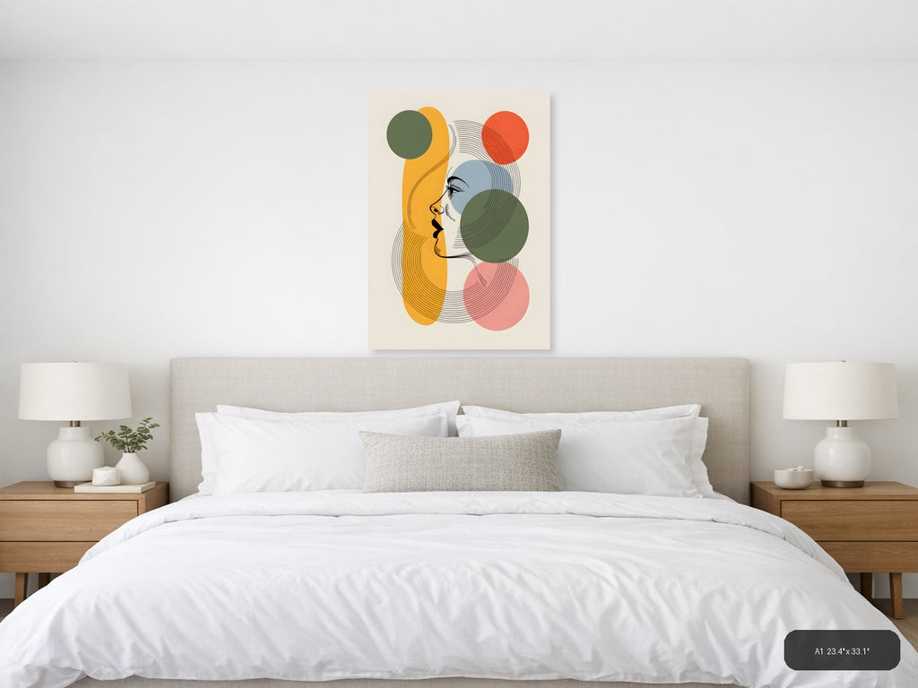 Abstract Line Art Portrait with Geometric Circles Wall Art — A1 / Bedroom