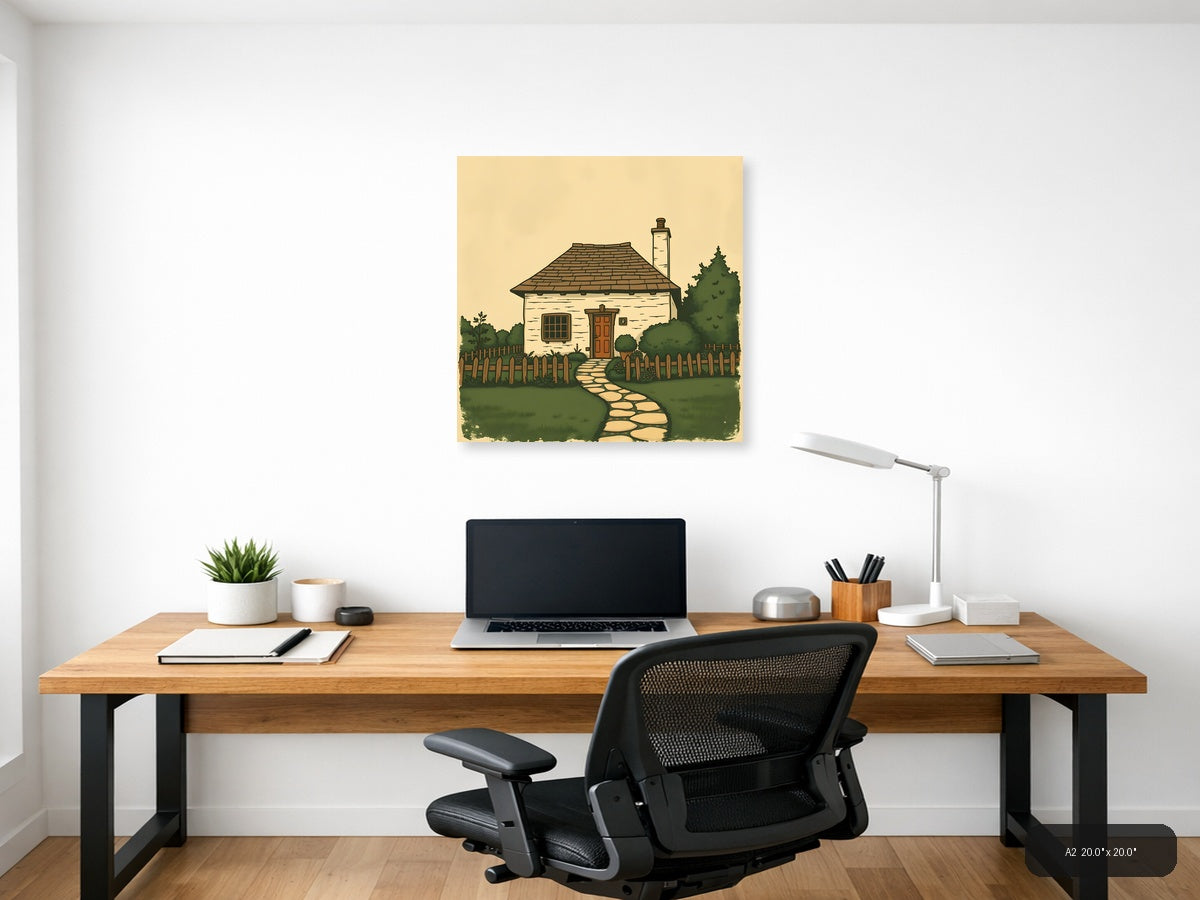 Vintage Cottage with Chimney & Garden Fence Wall Art — A2 / Office