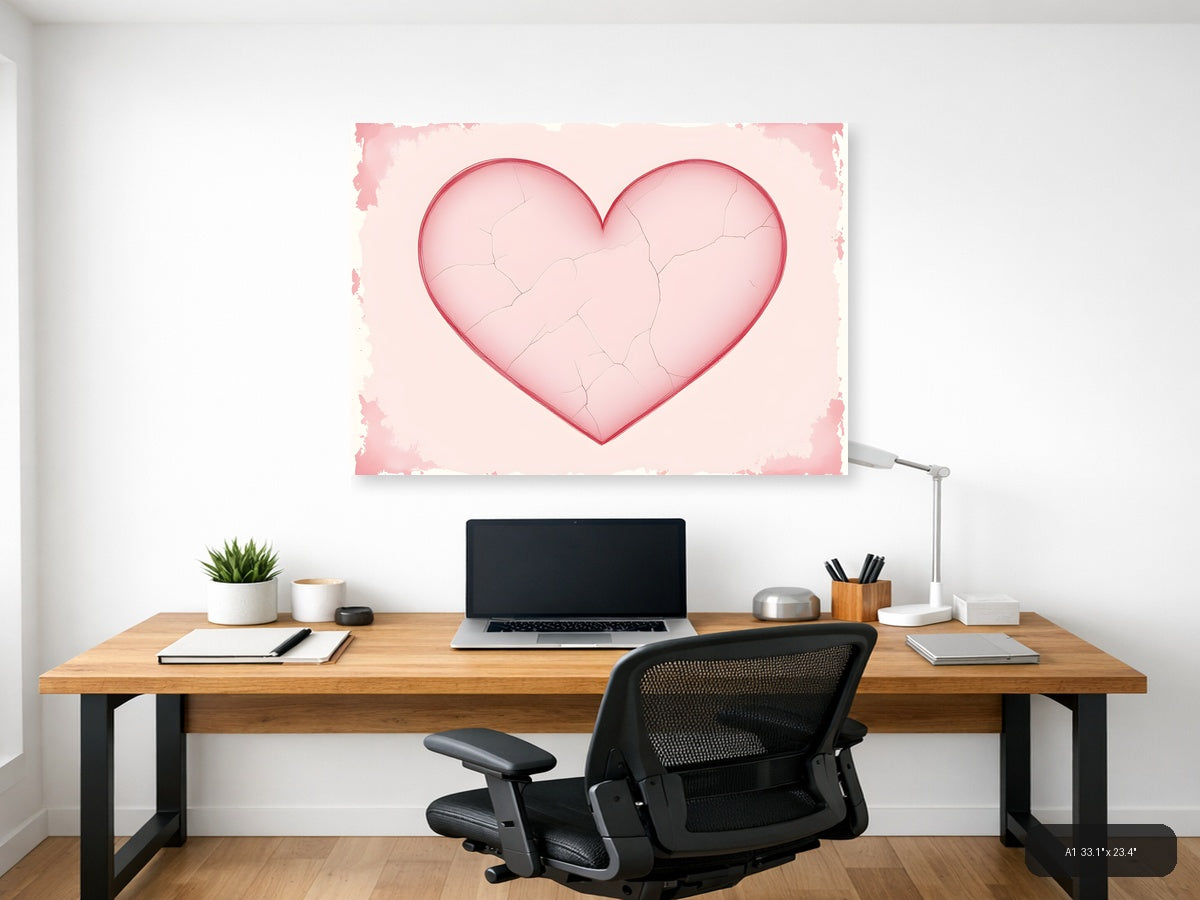 Vintage Pink Cracked Heart Love Wall Art — A1 / Office