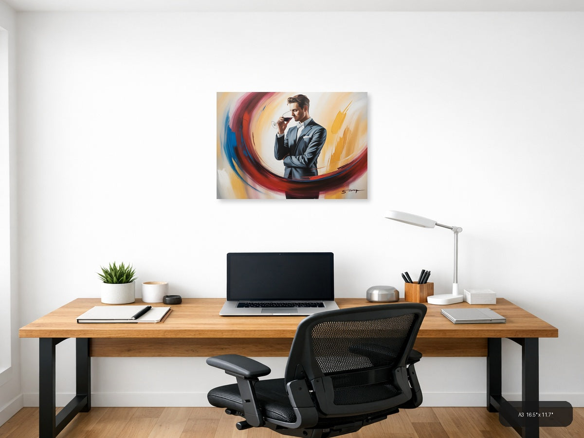 Elegant Man Wine Tasting Abstract Swirl Wall Art — A3 / Office