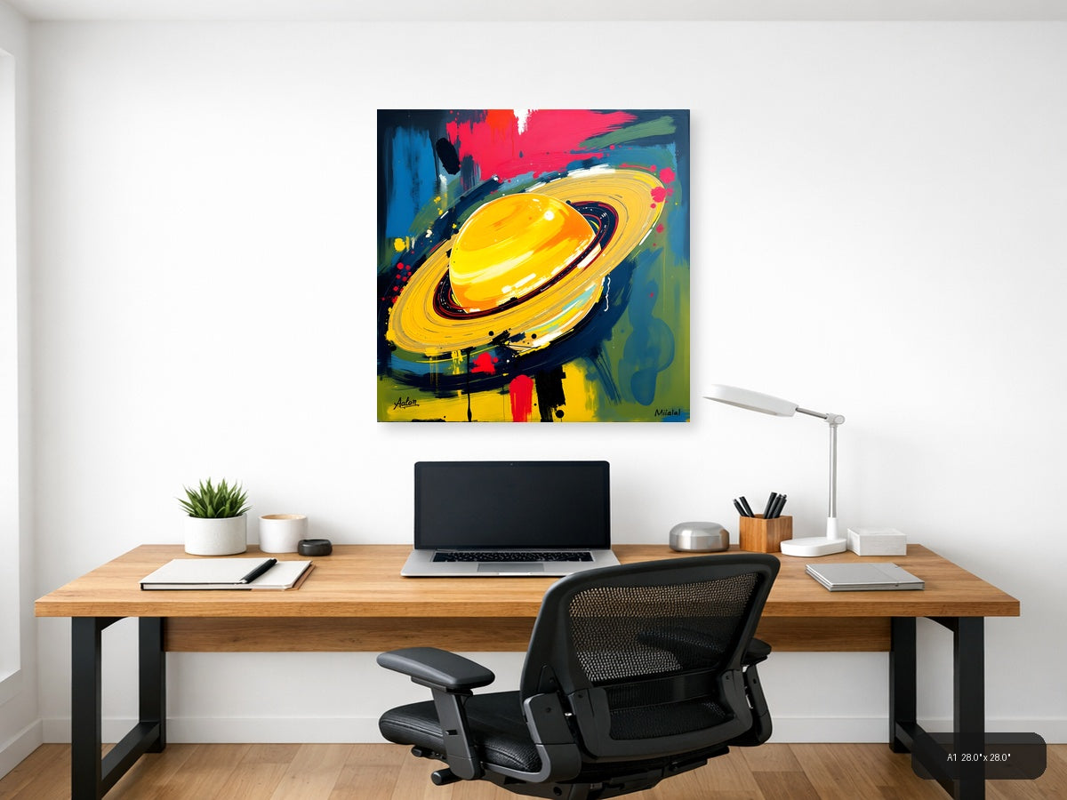 Abstract Yellow Planet with Rings - Modern Space Wall Art — A1 / Office