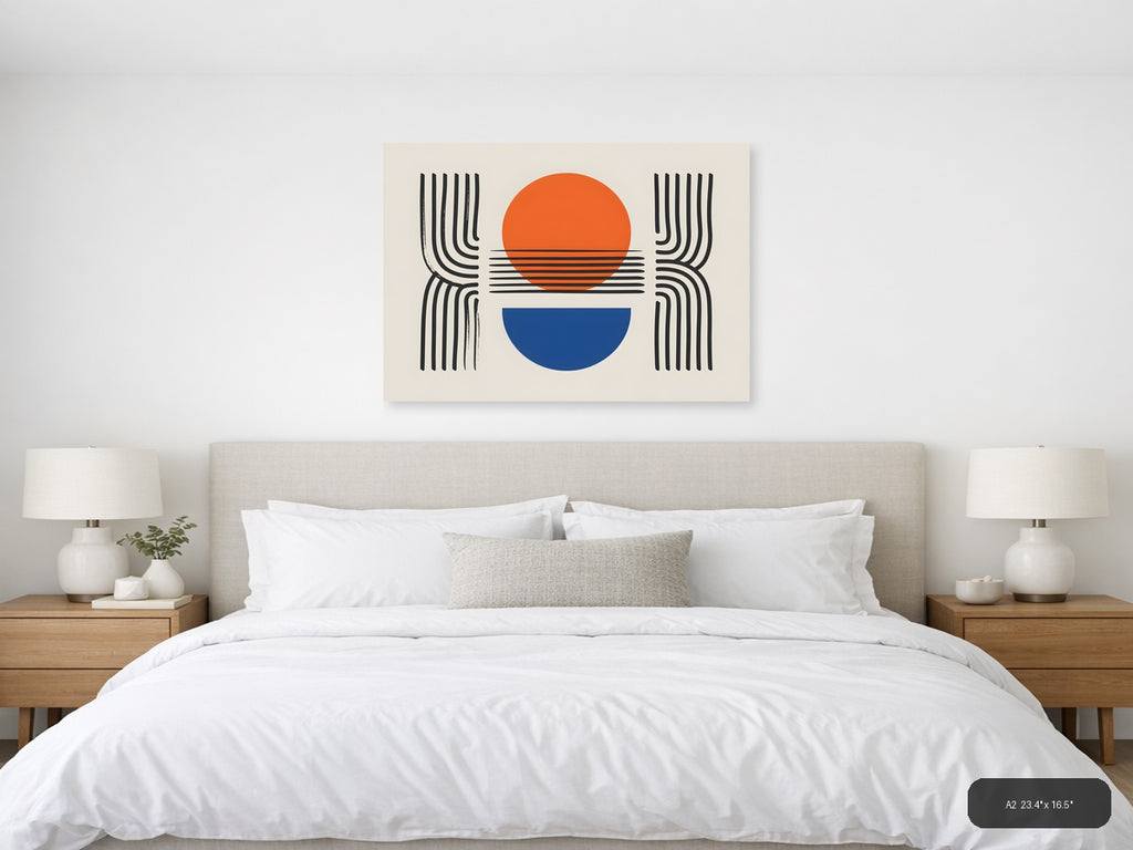 Minimalist Sunset Line Art with Geometric Shapes Wall Art — A2 / Bedroom