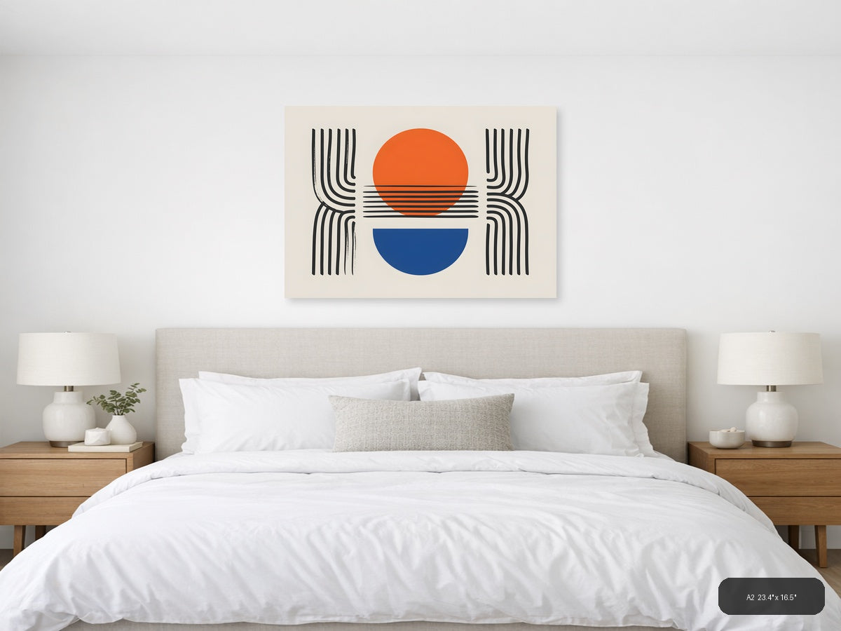 Minimalist Sunset Line Art with Geometric Shapes Wall Art — A2 / Bedroom