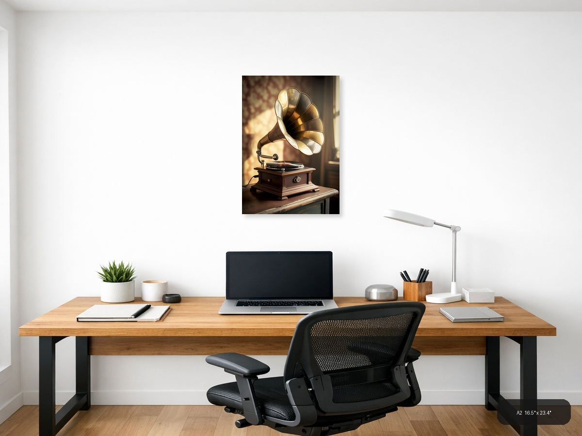 Vintage Gramophone with Vinyl Record Portrait Wall Art — A2 / Office