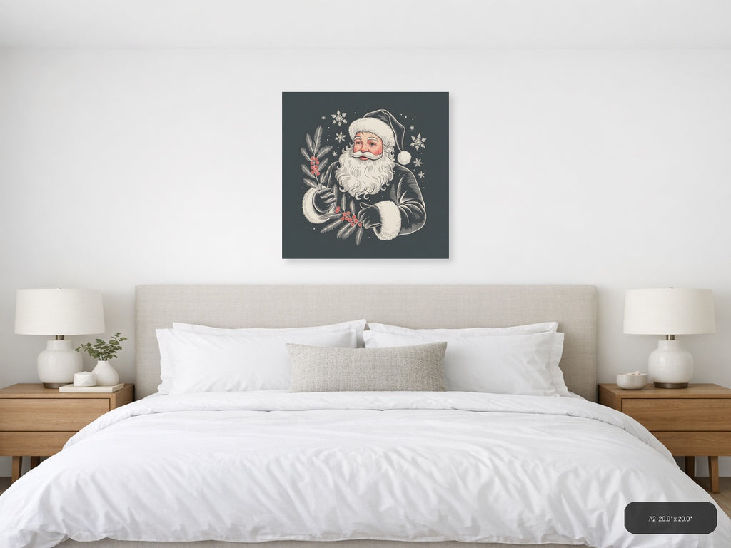 Santa Claus with Holly Line Art Winter Wall Art — A2 / Bedroom