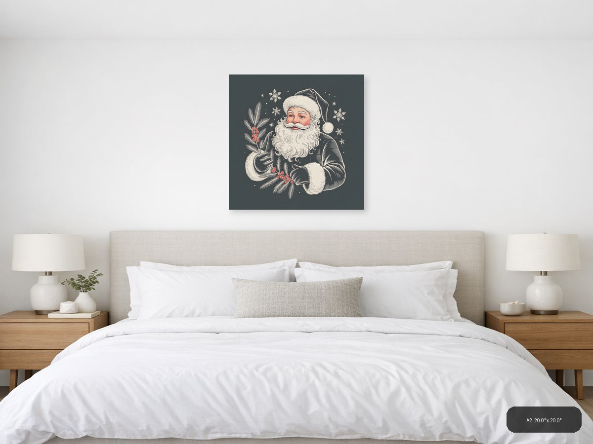 Santa Claus with Holly Line Art Winter Wall Art — A2 / Bedroom