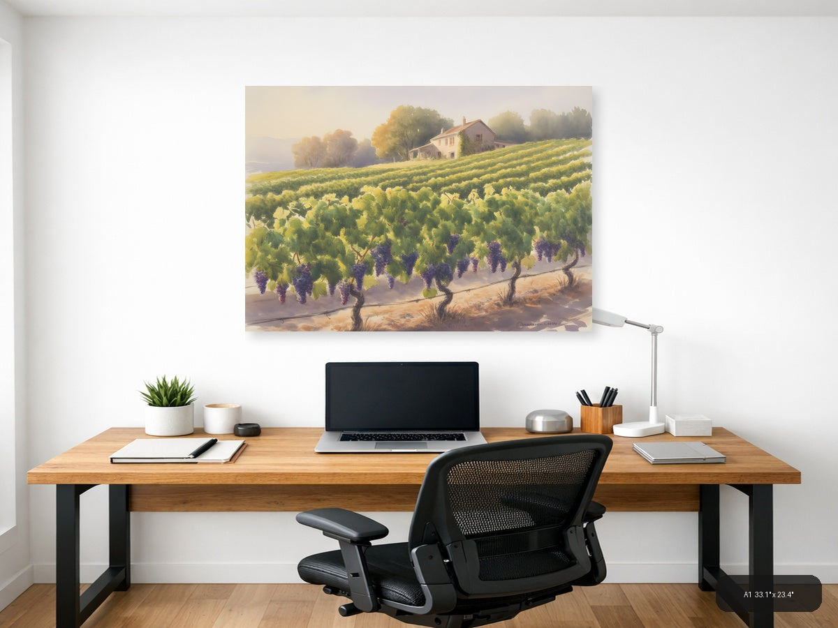Tuscan Vineyard Watercolor Landscape Wall Art — A1 / Office