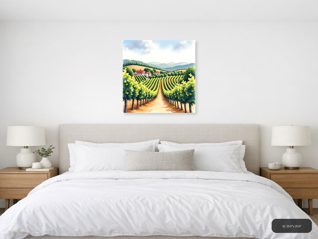 Tuscan Vineyard Watercolor Landscape Wall Art — A2 / Bedroom