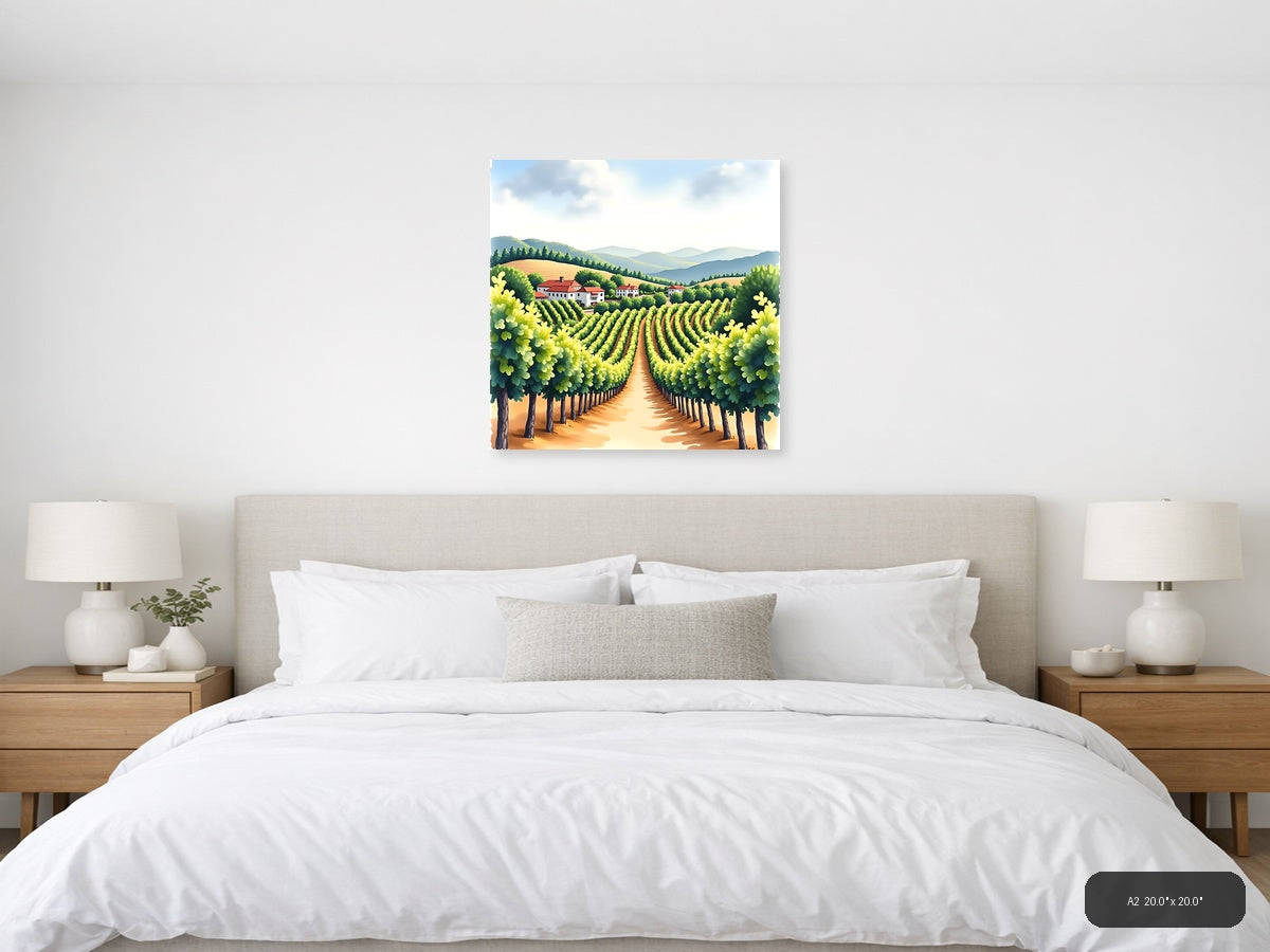 Tuscan Vineyard Watercolor Landscape Wall Art — A2 / Bedroom
