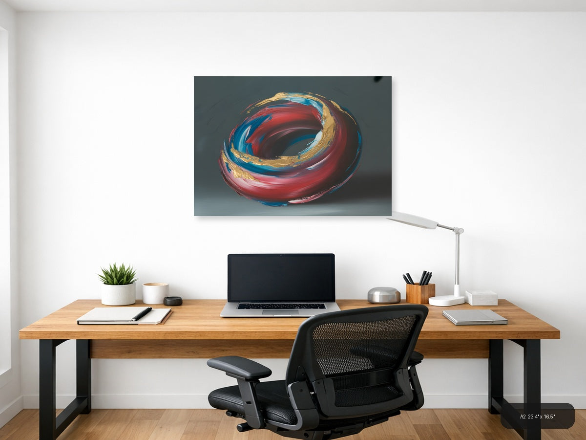 Red Blue Gold Abstract Swirl Circle Modern Wall Art — A2 / Office