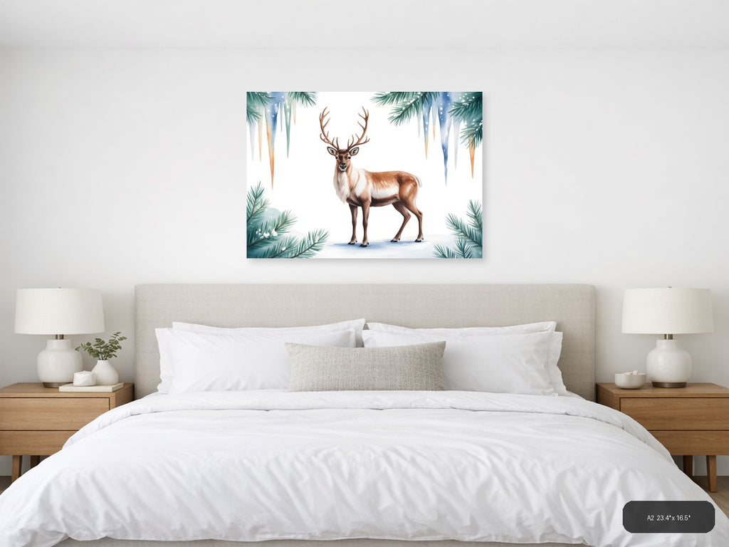 Winter Reindeer with Pine Branches Watercolor Wall Art — A2 / Bedroom