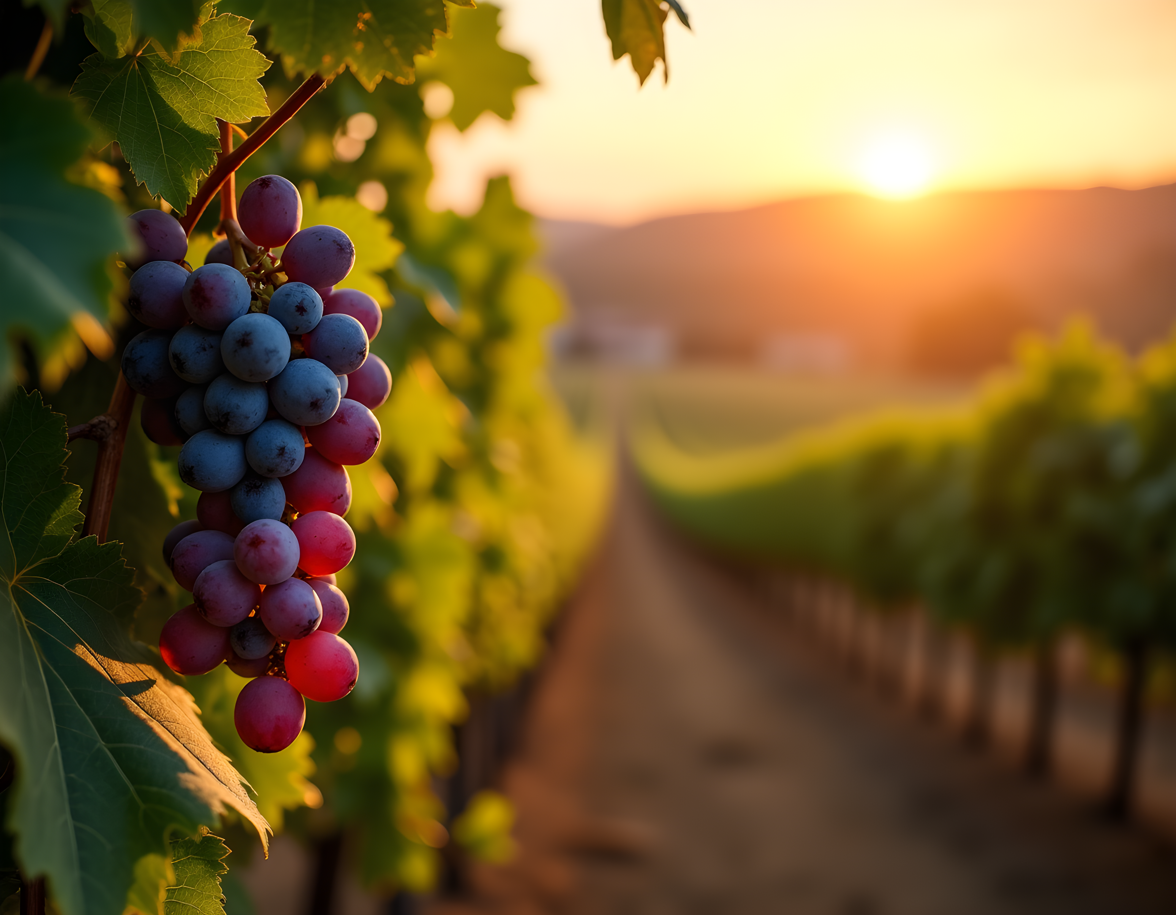 Vineyard Sunset with Purple Grapes Photography Wall Art