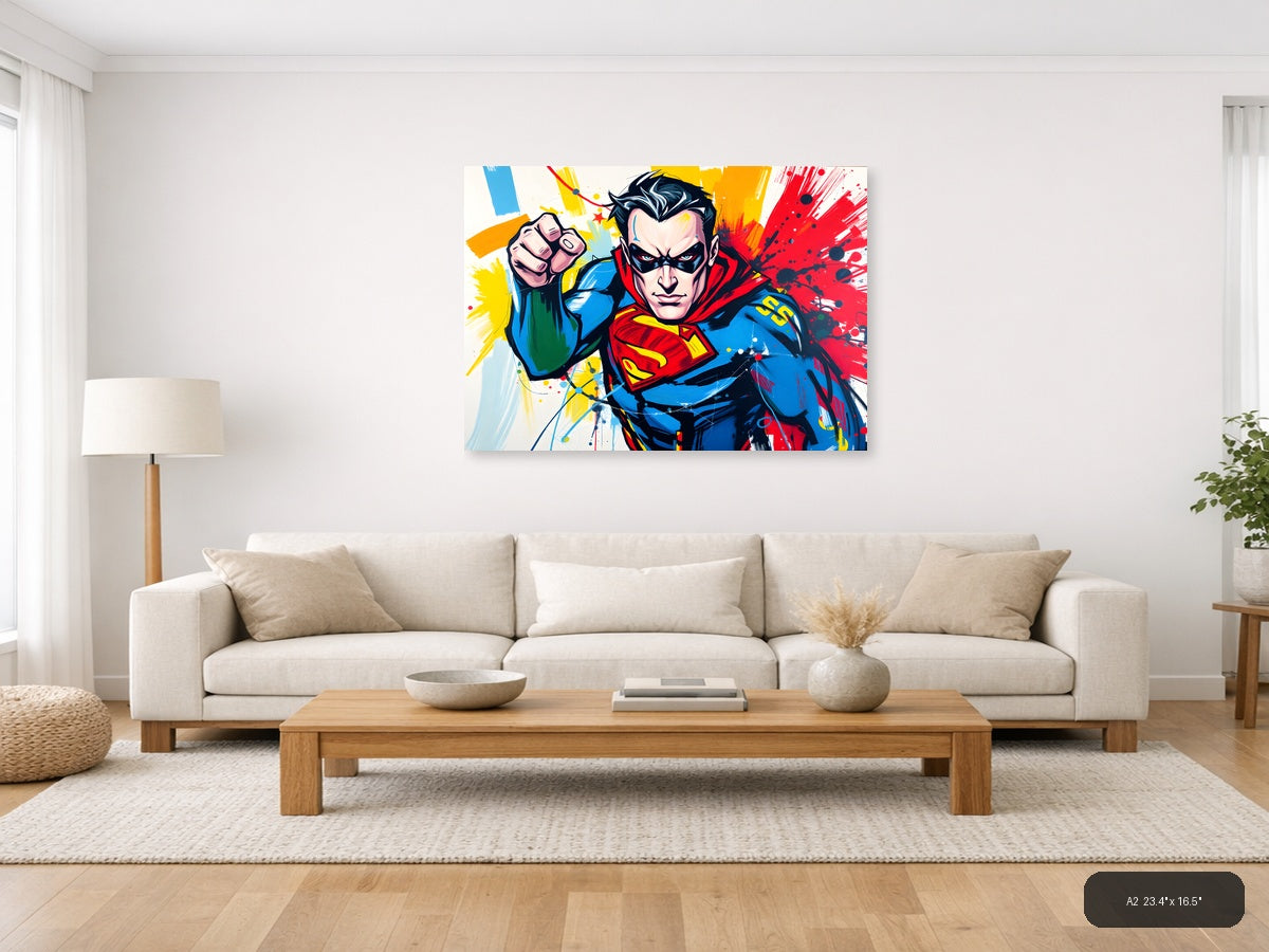 Superman Pop Art Abstract Splatter Wall Art — A2 / Living Room