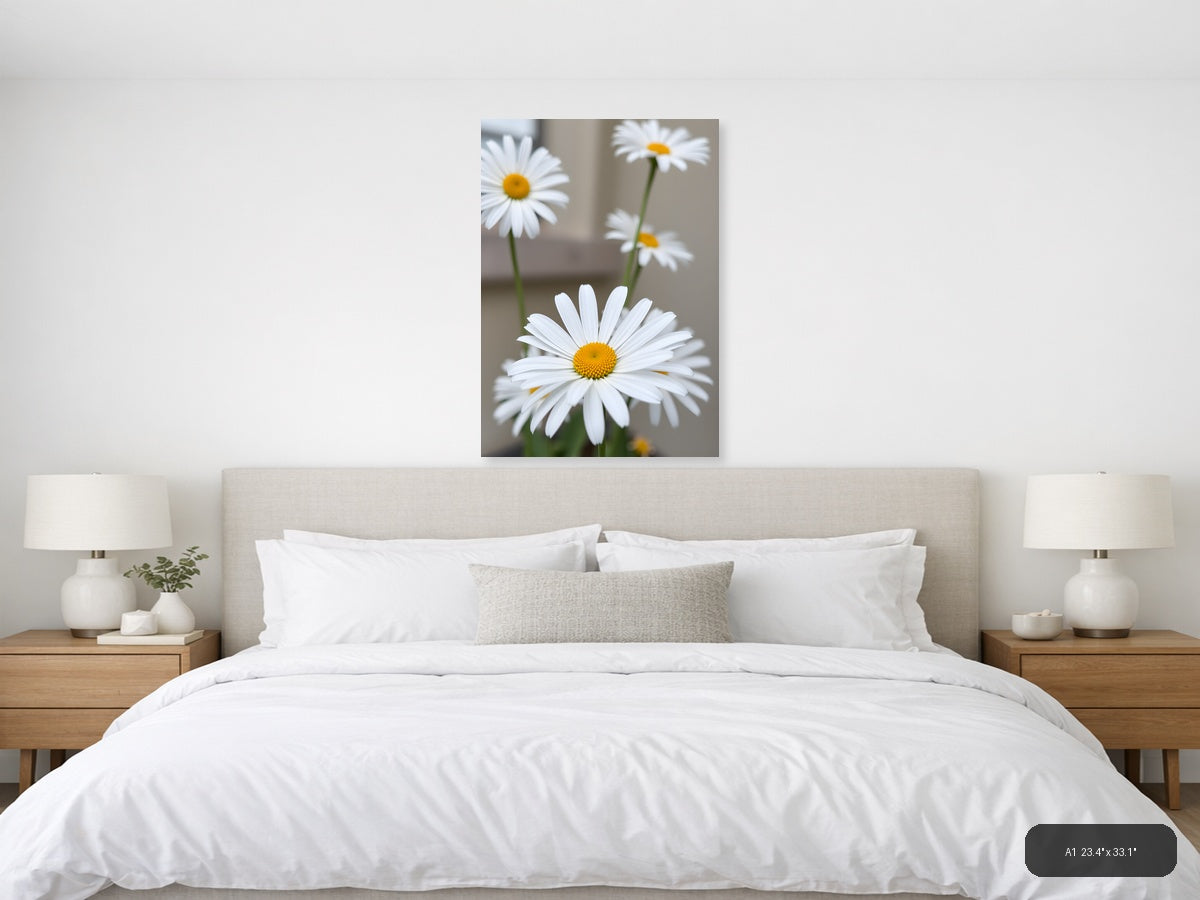 White Daisies with Yellow Centers Minimalist Wall Art — A1 / Bedroom