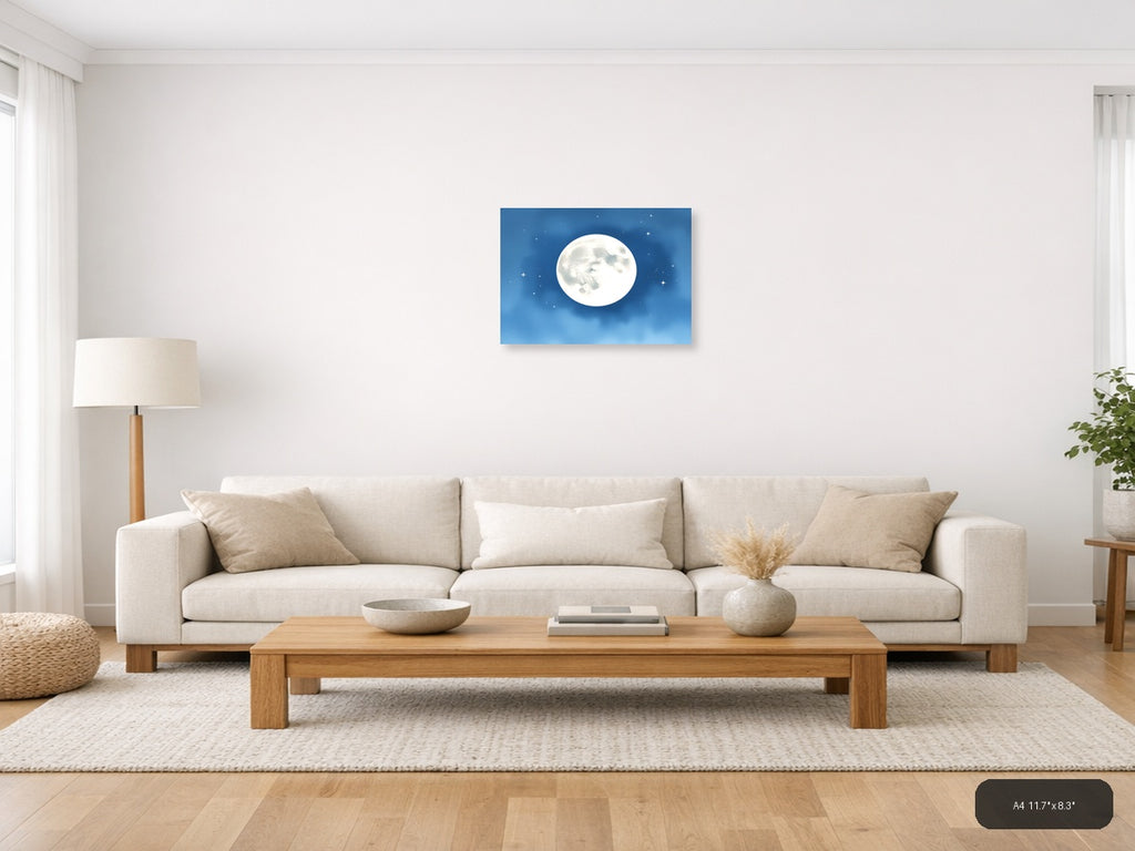 Full Moon Night Sky Watercolor Wall Art — A4 / Living Room
