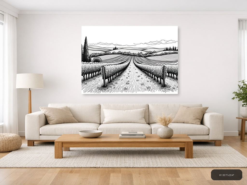 Tuscan Vineyard Landscape Line Art Wall Art — A1 / Living Room