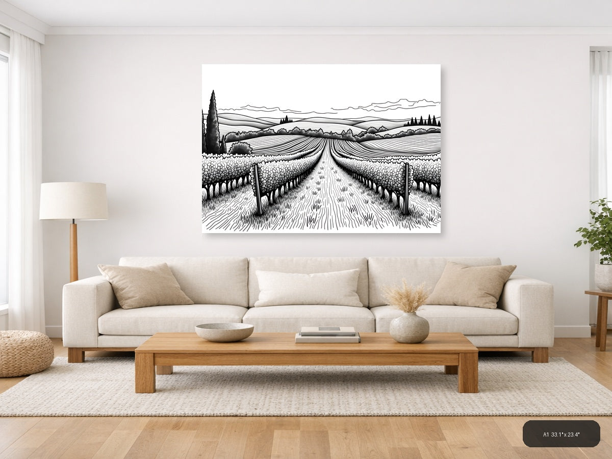 Tuscan Vineyard Landscape Line Art Wall Art — A1 / Living Room