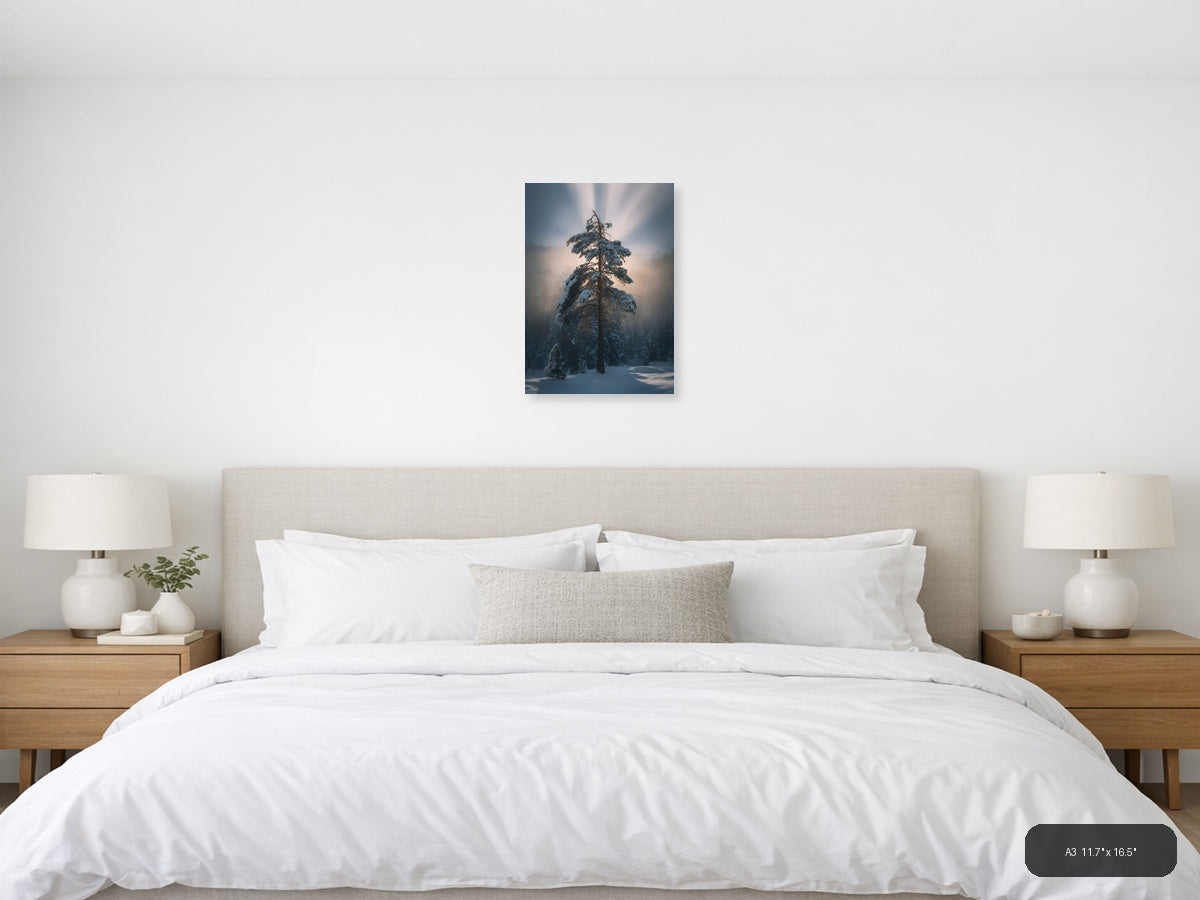Snow-Covered Pine Tree in Misty Forest Photography Wall Art — A3 / Bedroom