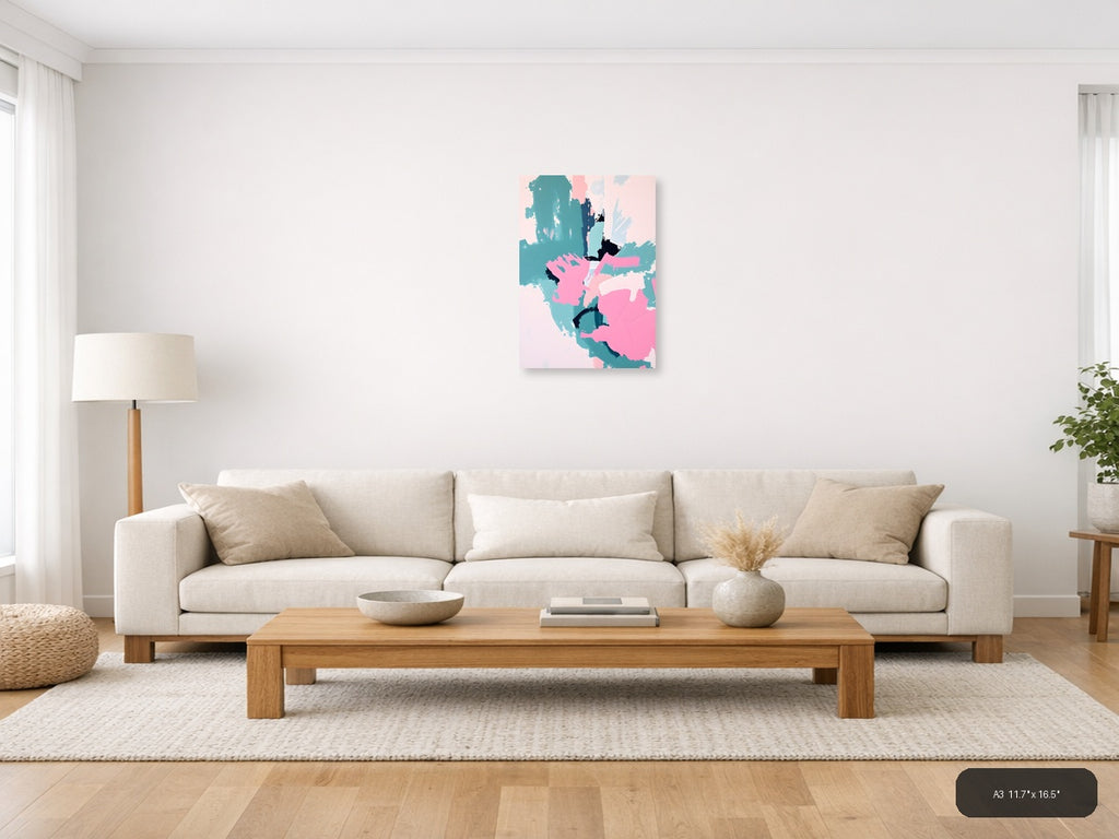 Abstract Teal Pink Black Brushstroke Map Wall Art — A3 / Living Room