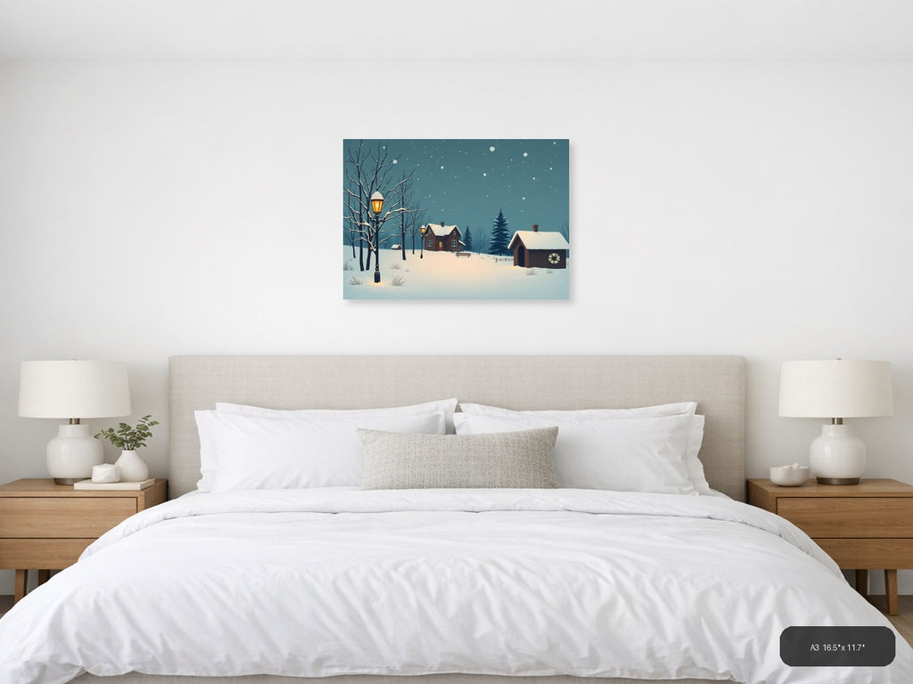 Vintage Winter Cottage Snow Scene Landscape Wall Art — A3 / Bedroom