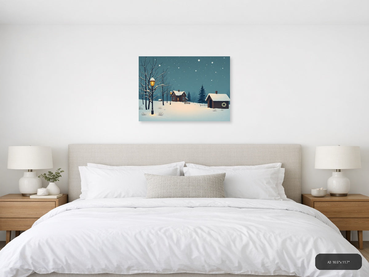 Vintage Winter Cottage Snow Scene Landscape Wall Art — A3 / Bedroom