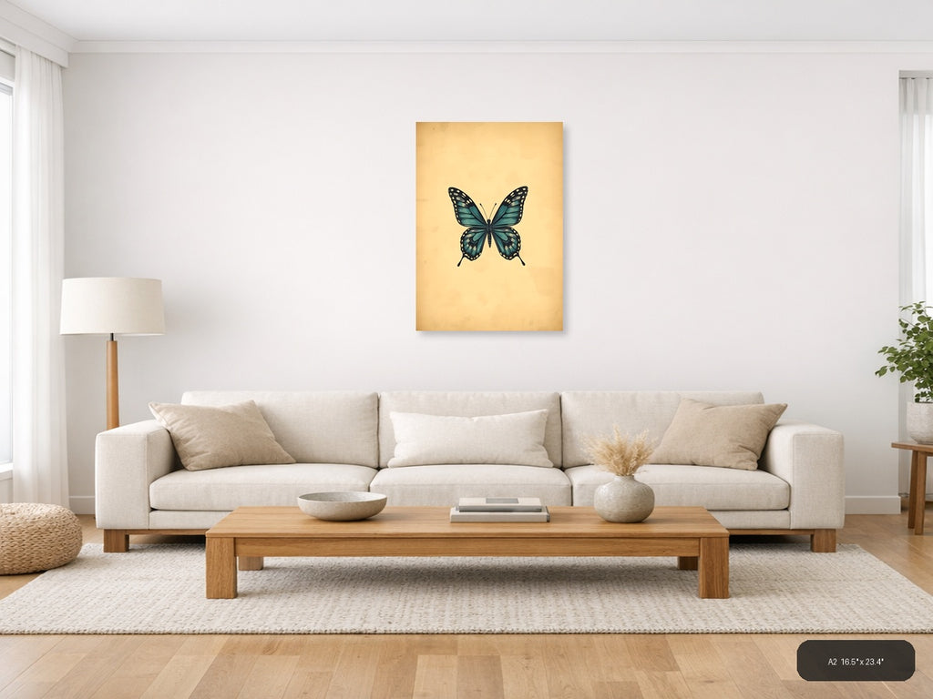 Vintage Teal Butterfly Illustration Wall Art — A2 / Living Room