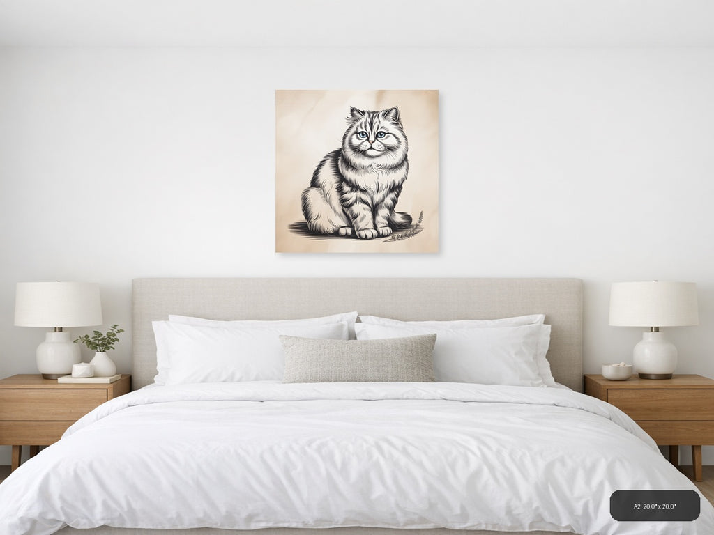 Fluffy Cat with Blue Eyes Line Art Wall Art — A2 / Bedroom