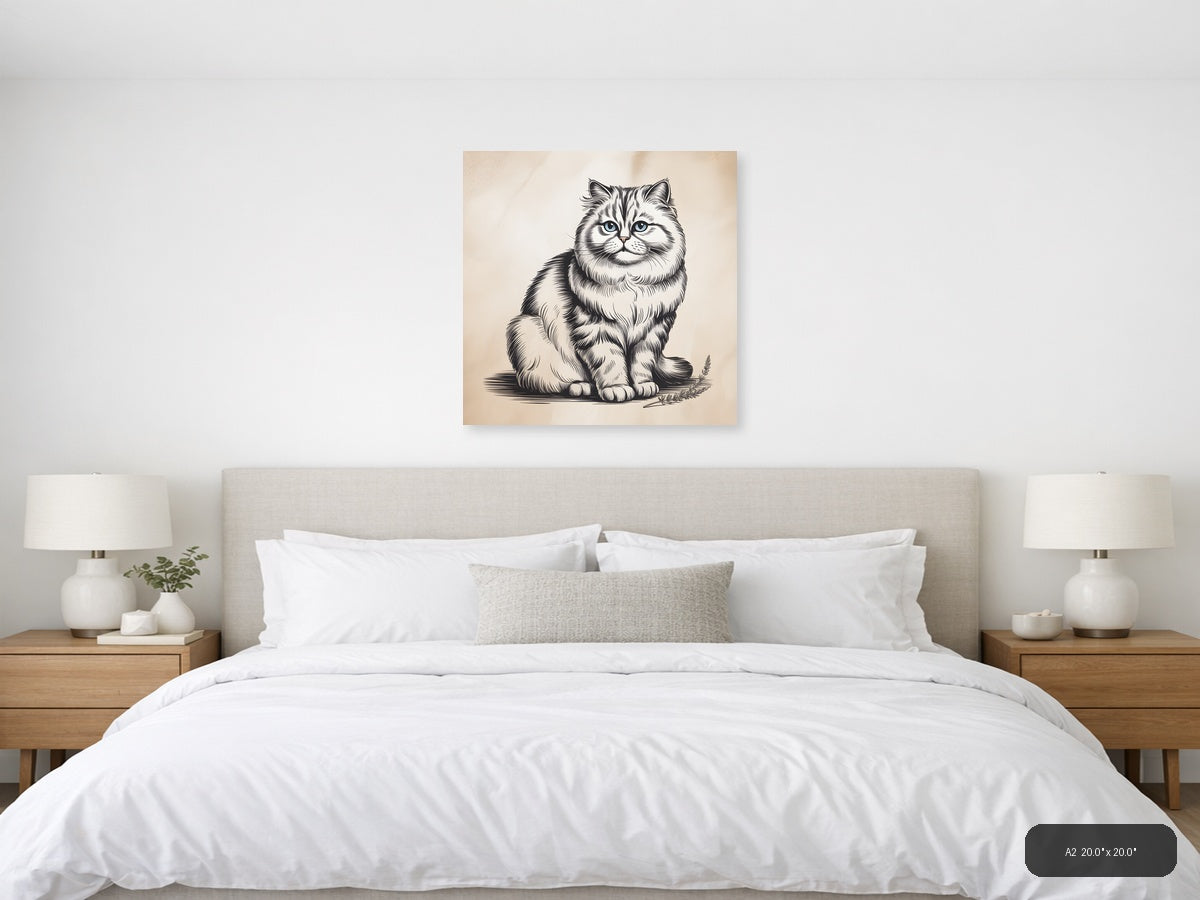 Fluffy Cat with Blue Eyes Line Art Wall Art — A2 / Bedroom