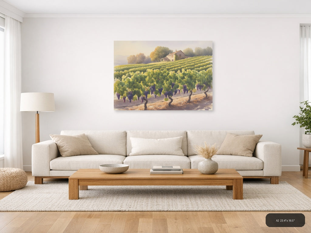 Tuscan Vineyard Watercolor Landscape Wall Art — A2 / Living Room