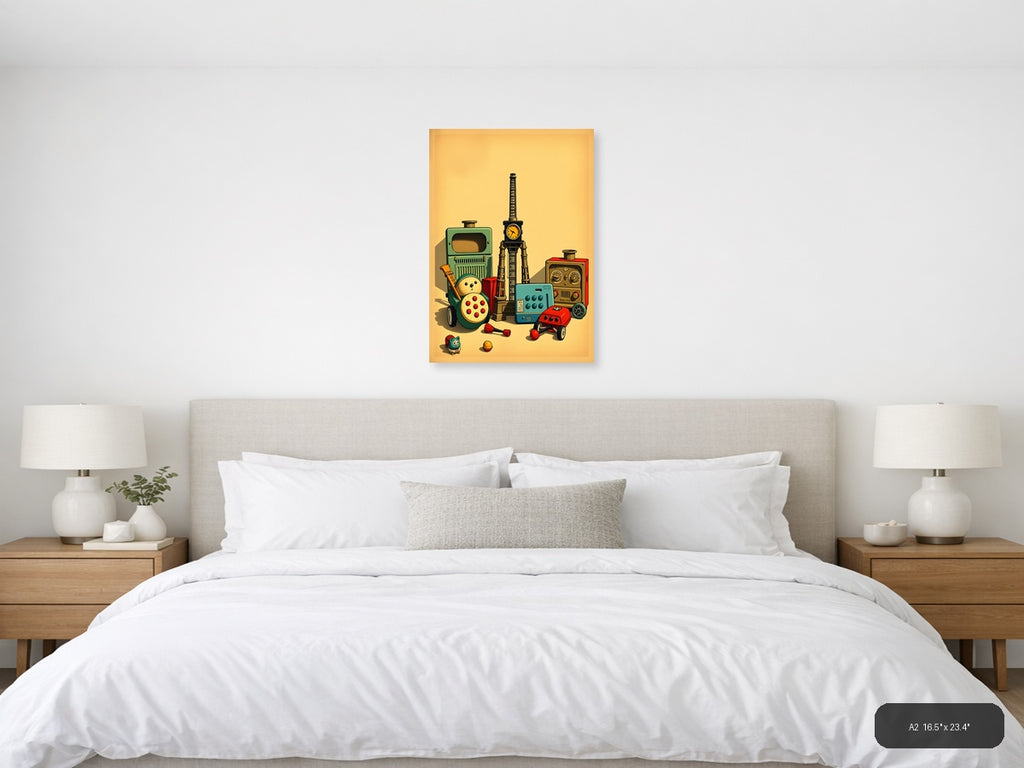 Vintage Toys & Clock Tower Retro Illustration Wall Art — A2 / Bedroom