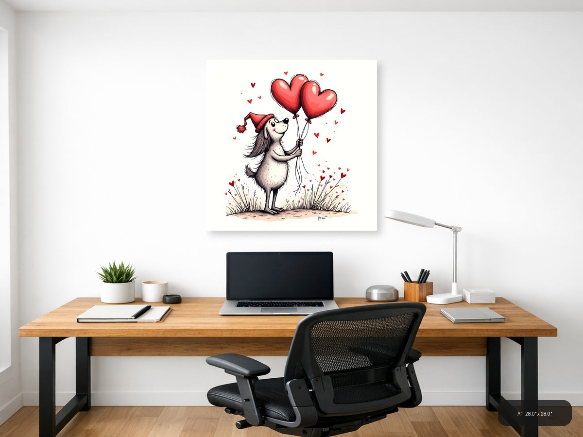 Whimsical Dog with Heart Balloons Line Art Wall Art — A1 / Office