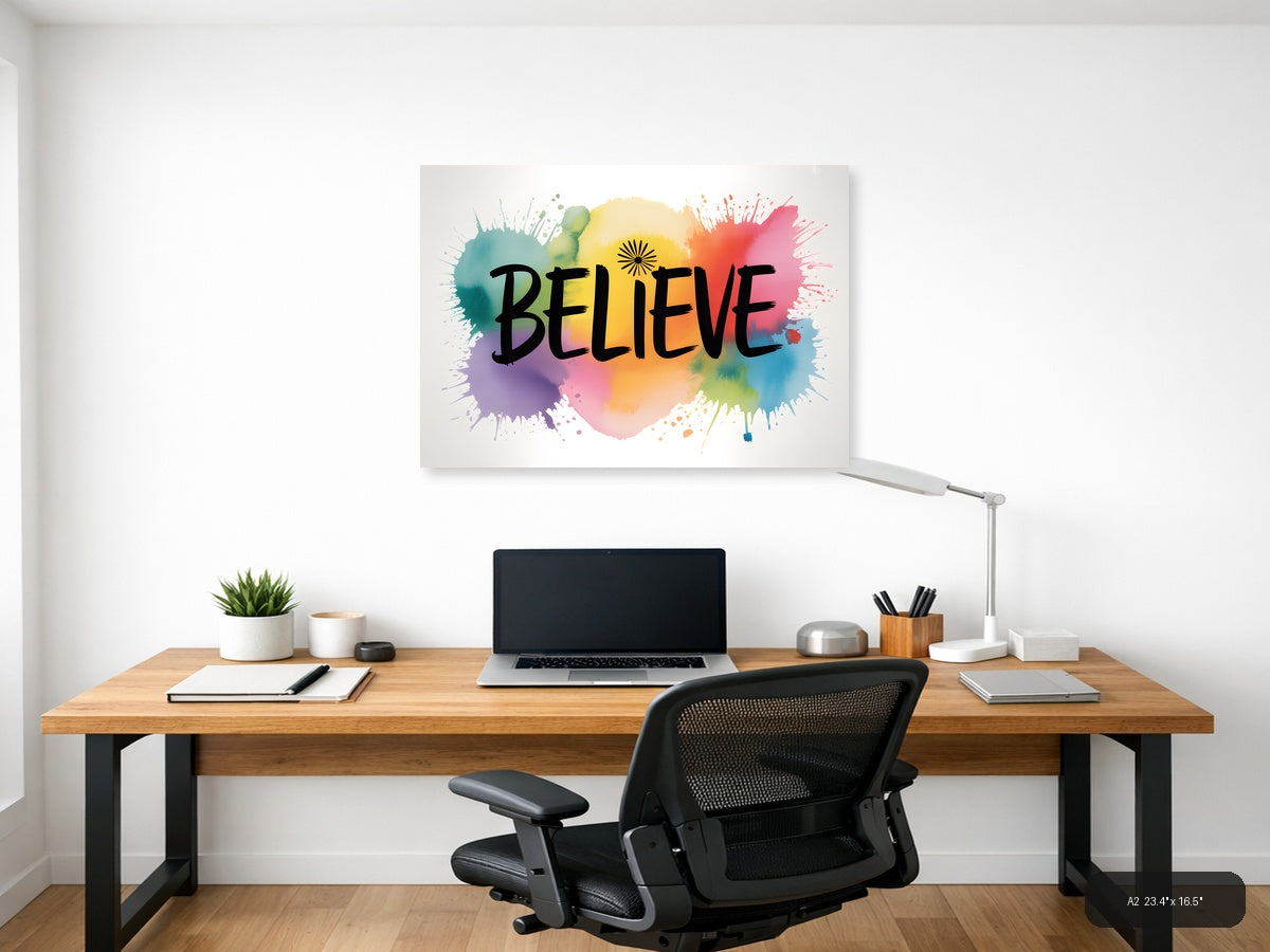 Believe Watercolor Splatter Inspirational Wall Art — A2 / Office