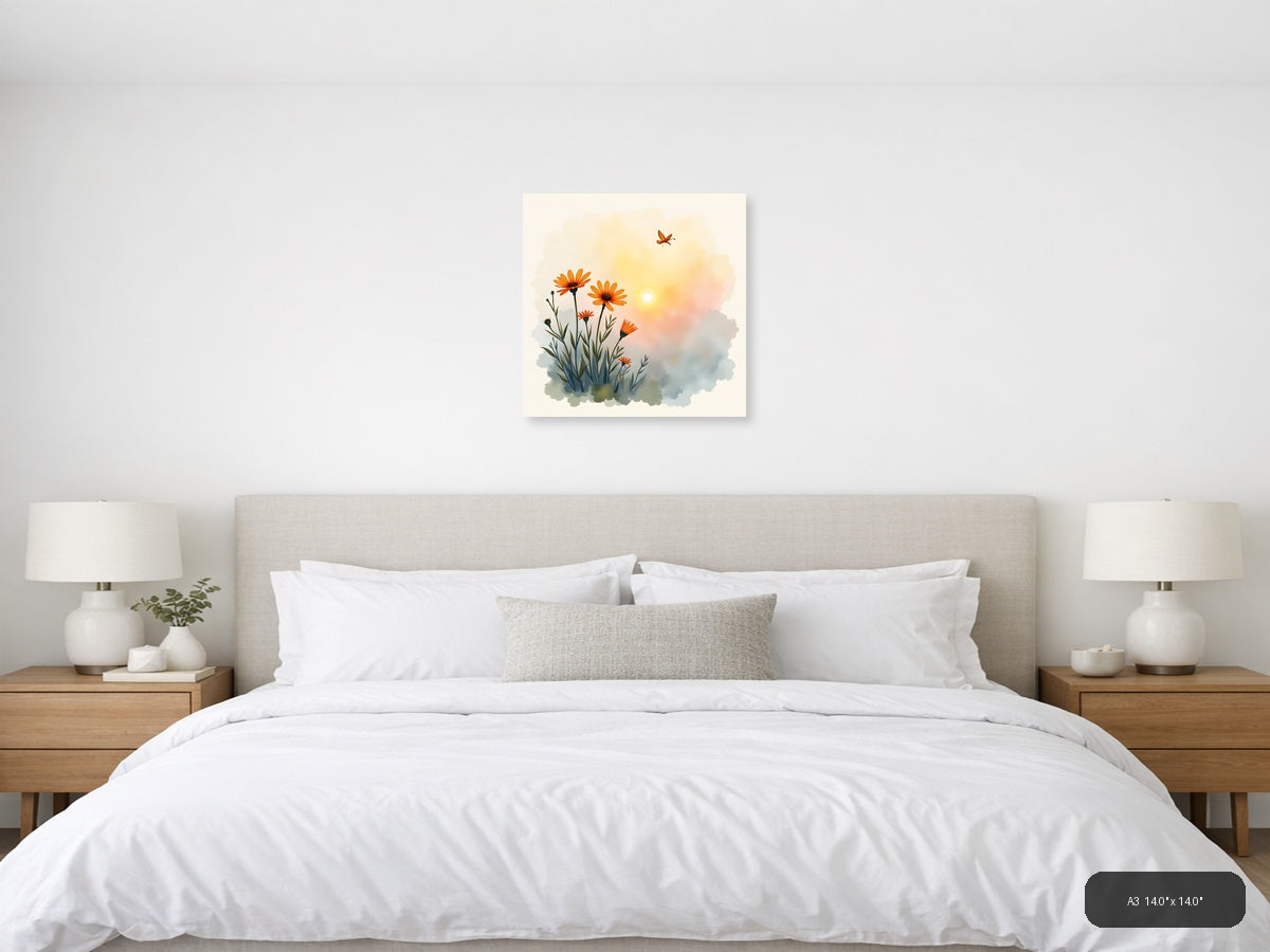 Orange Flowers Butterfly Sunrise Watercolor Wall Art — A3 / Bedroom