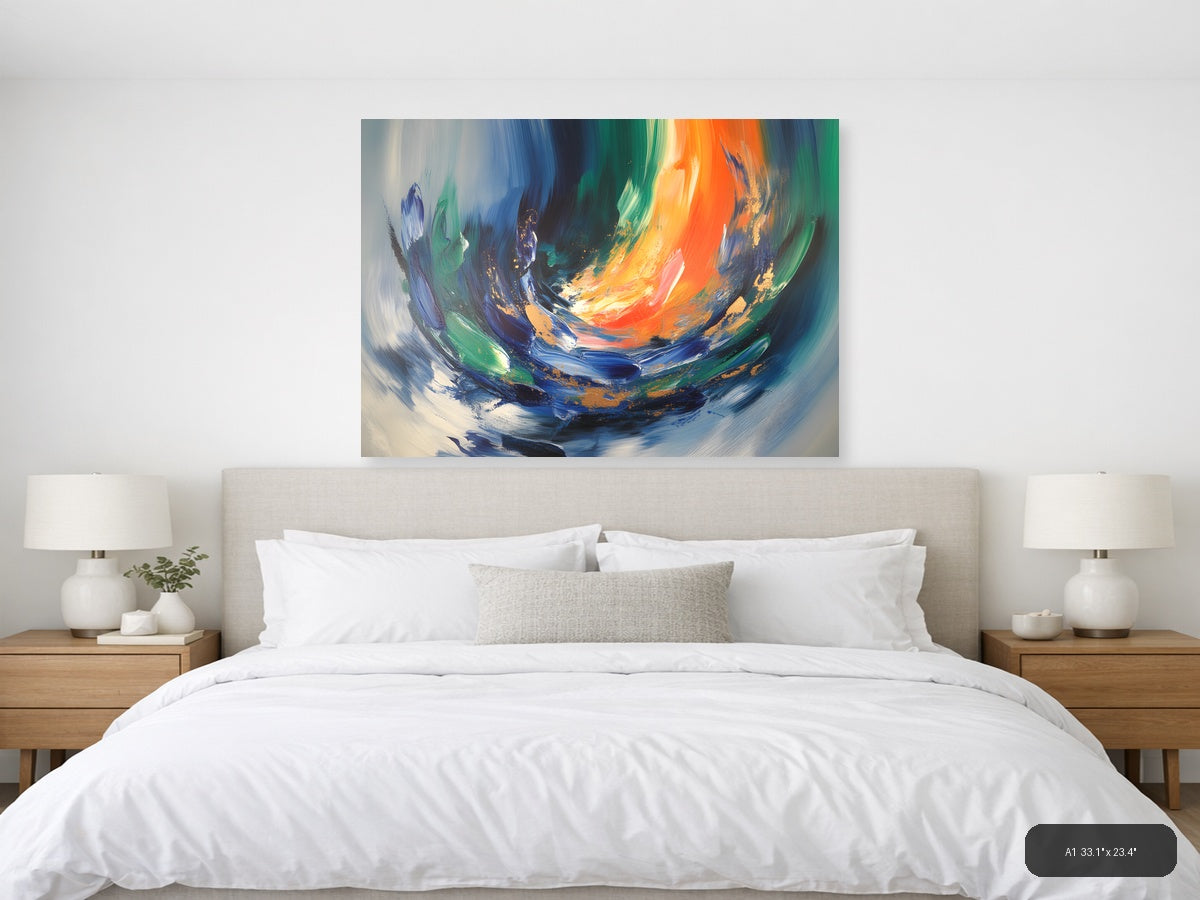Vibrant Abstract Swirl with Orange and Blue Wall Art — A1 / Bedroom